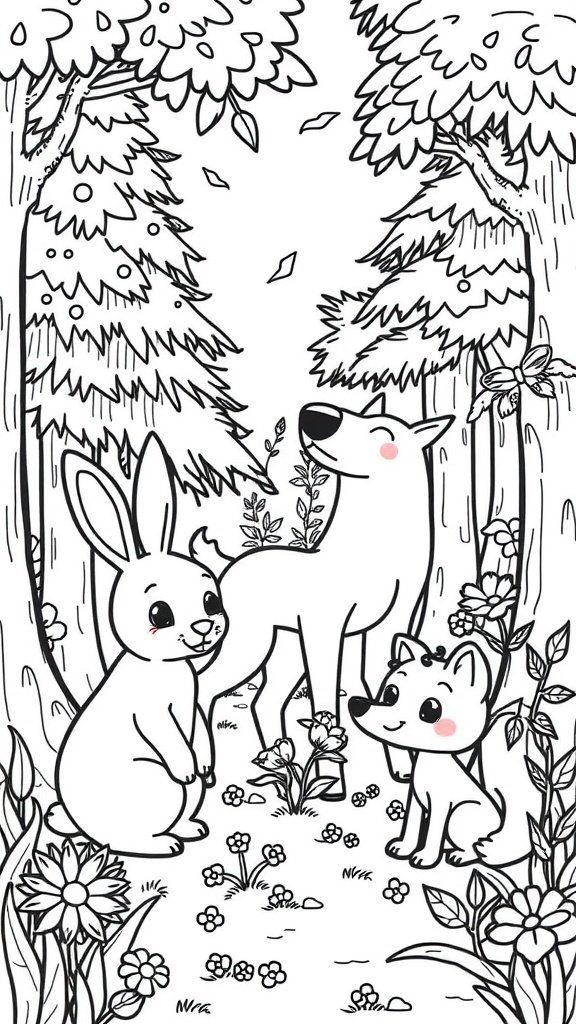 Coloring page of cute forest animals including a rabbit, deer, and fox among flowers and trees