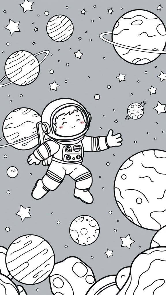 A cute astronaut floating in space surrounded by planets and stars, ready for coloring.