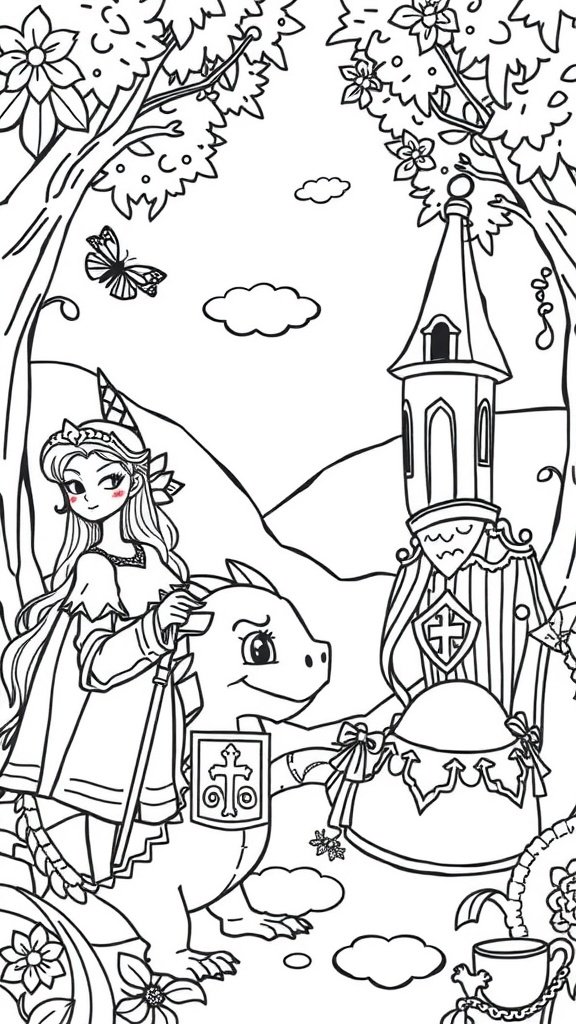 A coloring page featuring a princess with a dragon and a castle in a fairy tale setting.