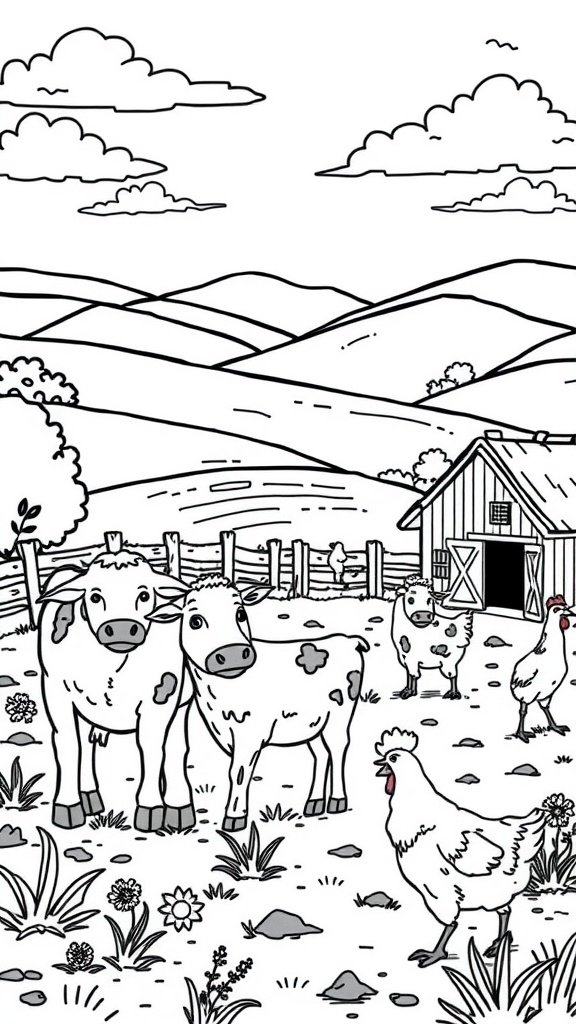 Coloring page of a charming farm scene with cows, a rooster, and a barn.