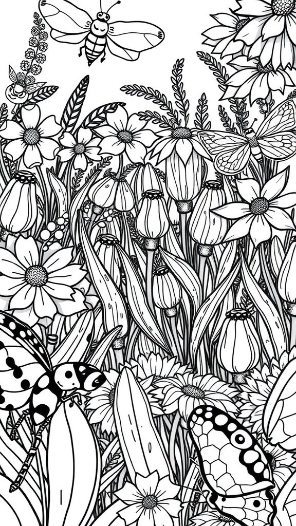 A coloring page featuring various charming insects like butterflies and a bee surrounded by flowers.