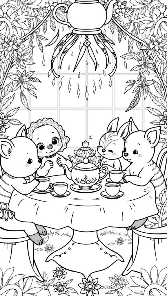 A coloring page depicting a tea party with cute animals and a teapot.