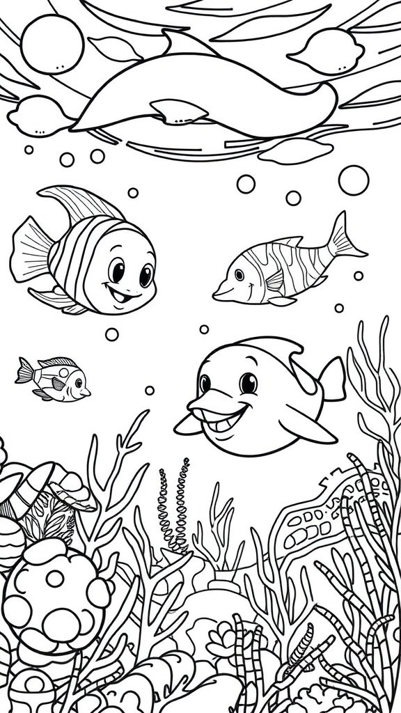 A cute underwater scene featuring smiling fish and coral reefs, perfect for coloring.