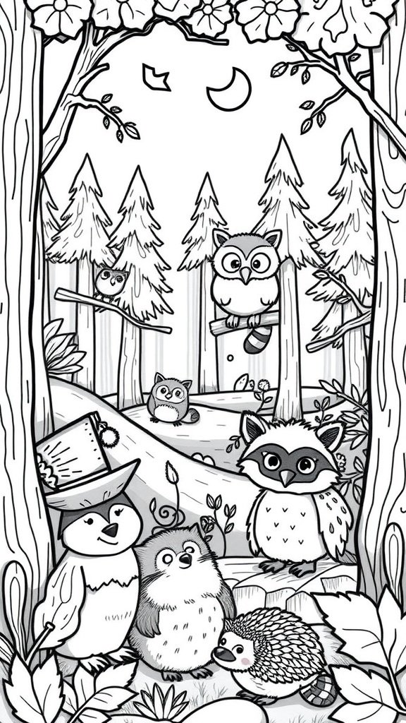 A black and white illustration of woodland creatures including owls, a hedgehog, and a raccoon in a forest setting.