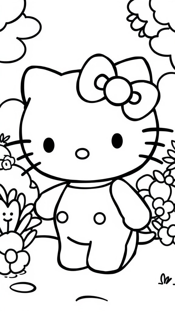 A classic Hello Kitty coloring page featuring Hello Kitty with a bow surrounded by flowers.