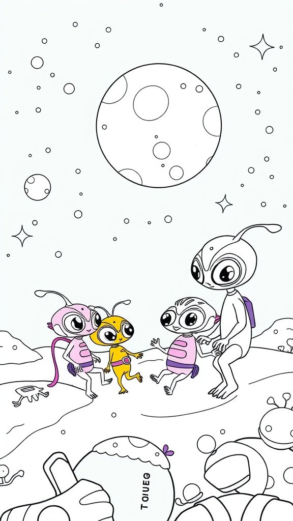 A coloring page featuring cute alien characters in a space setting.