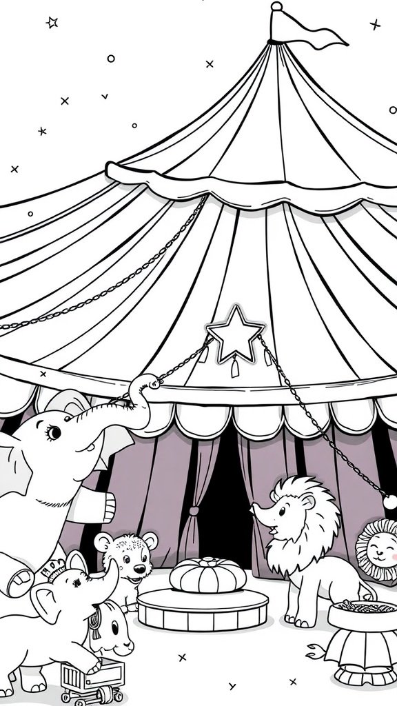 A coloring page featuring cute circus performers, including elephants, lions, and a big top tent.