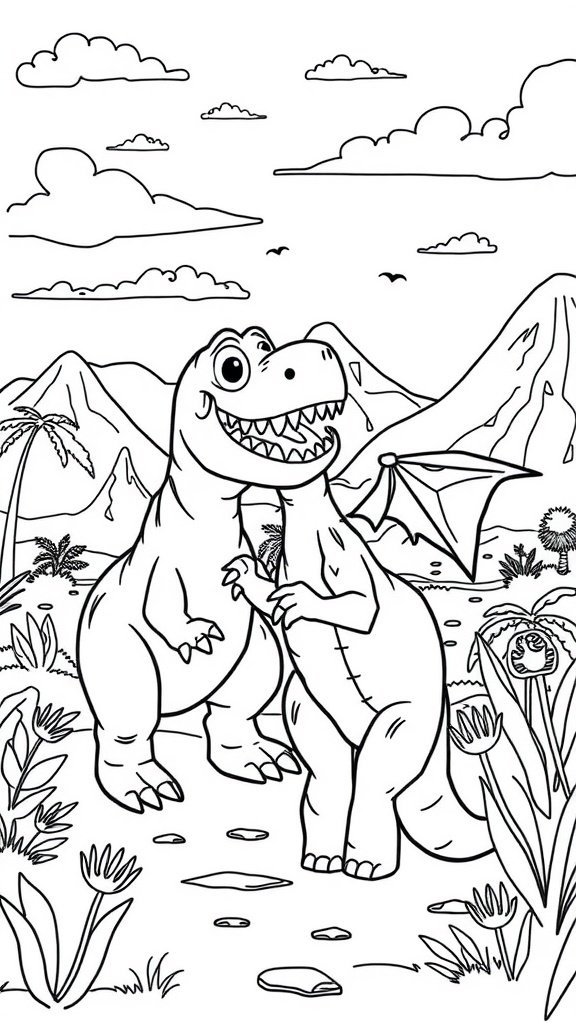 Two cute dinosaurs in a prehistoric landscape ready to be colored.