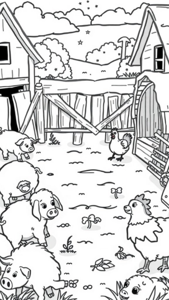 Coloring page of cute farm animals including sheep, pig, and chicken with a barn background.