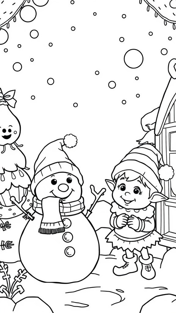 Coloring page of a snowman and an elf in a winter scene.