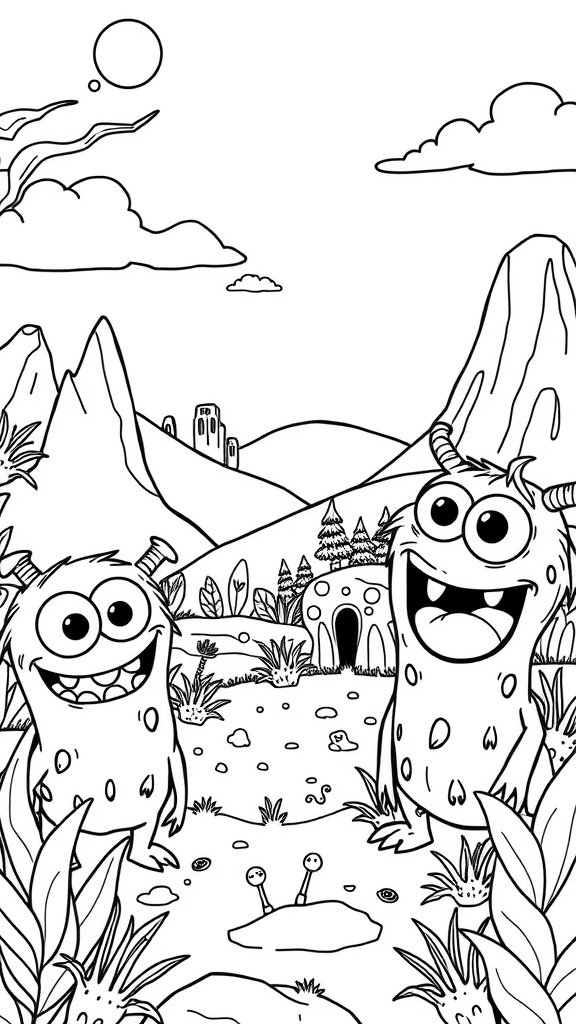 Two cute monsters standing in a playful landscape with mountains and a cave.