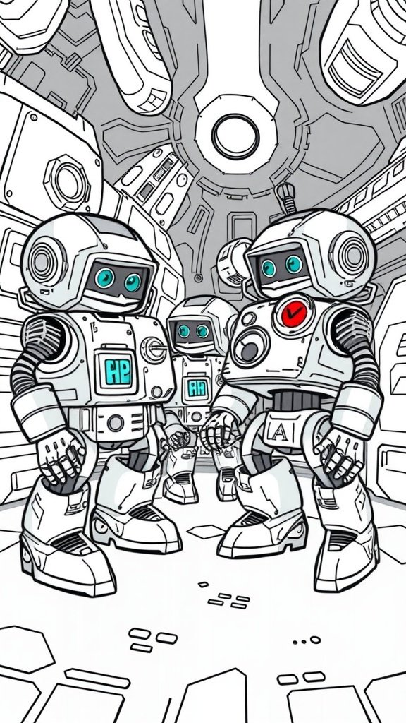 A black and white illustration of friendly robots in a futuristic setting, ready for coloring.