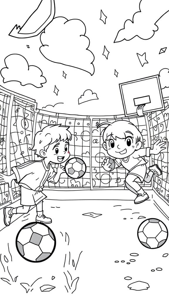 Kids playing soccer on a coloring page.