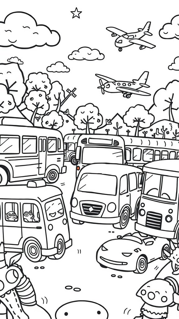 Coloring page with cute transport vehicles including buses, cars, and airplanes