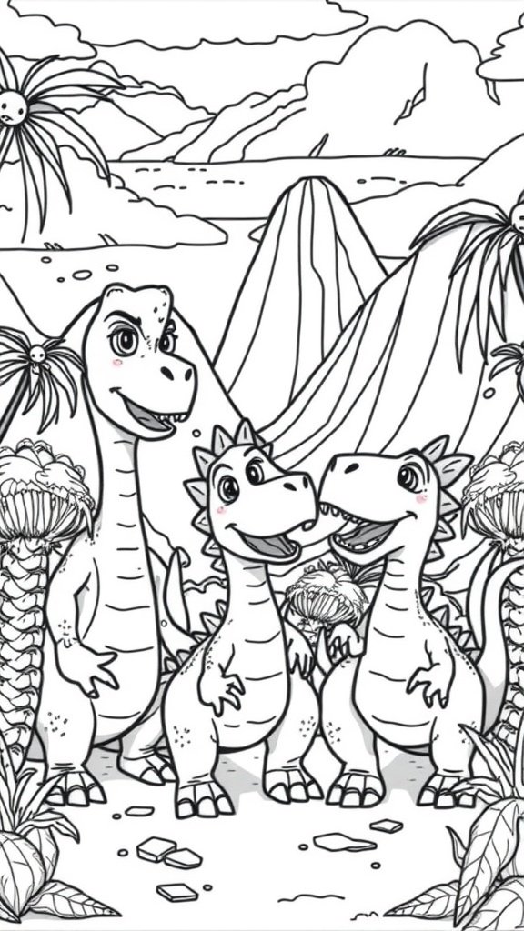 A coloring page featuring three happy dinosaurs in a lush prehistoric environment.