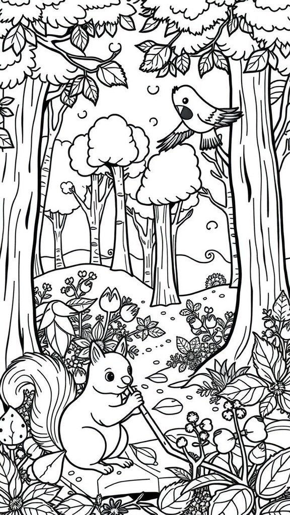 A coloring page of a happy forest scene featuring a squirrel and a bird among trees and flowers.