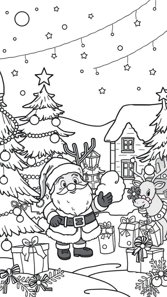 A festive coloring page featuring Santa Claus, decorated Christmas trees, a reindeer, and wrapped presents.