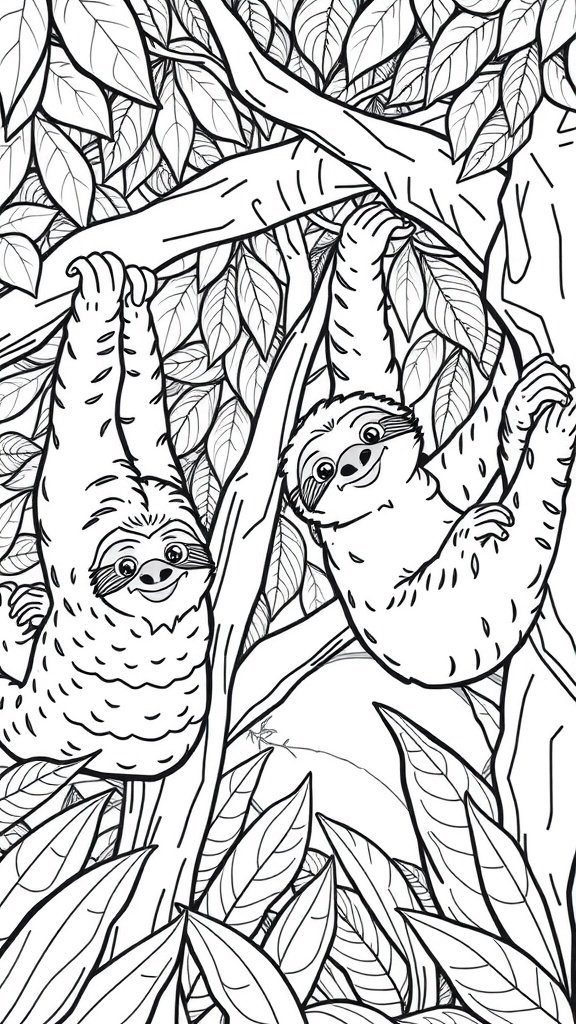 A black and white coloring page featuring two happy sloths hanging on a tree with lots of leaves.