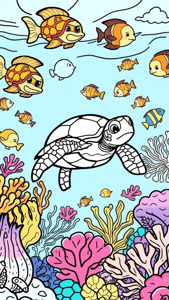 A happy turtle swimming among colorful fish and coral in an underwater scene.