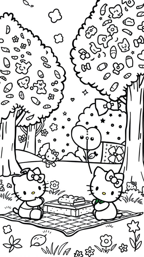 Hello Kitty and friends enjoying a picnic in the park with flowers and trees.