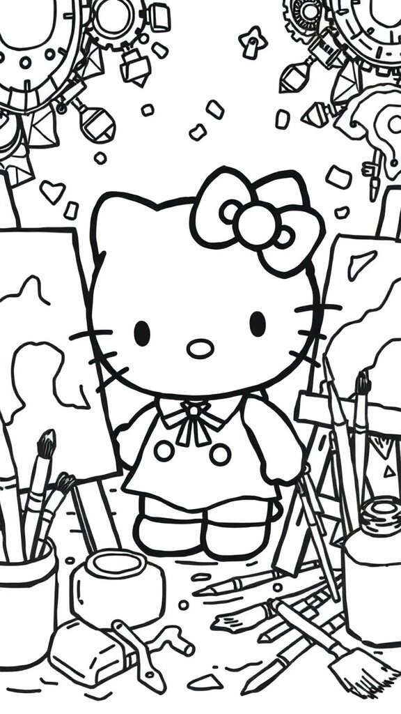 Hello Kitty surrounded by art supplies, including paintbrushes and canvases.