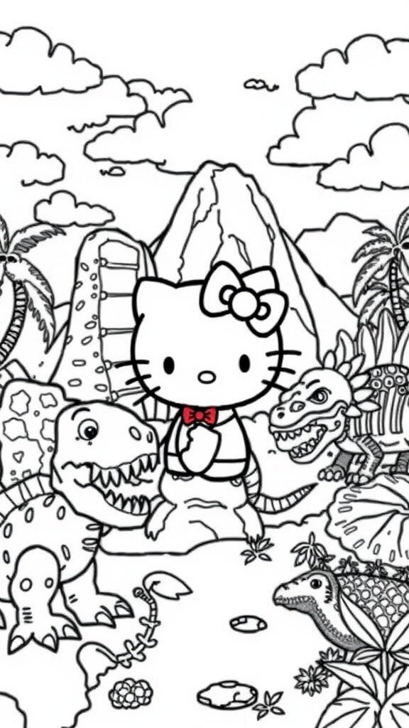 Hello Kitty surrounded by dinosaurs in a coloring page.