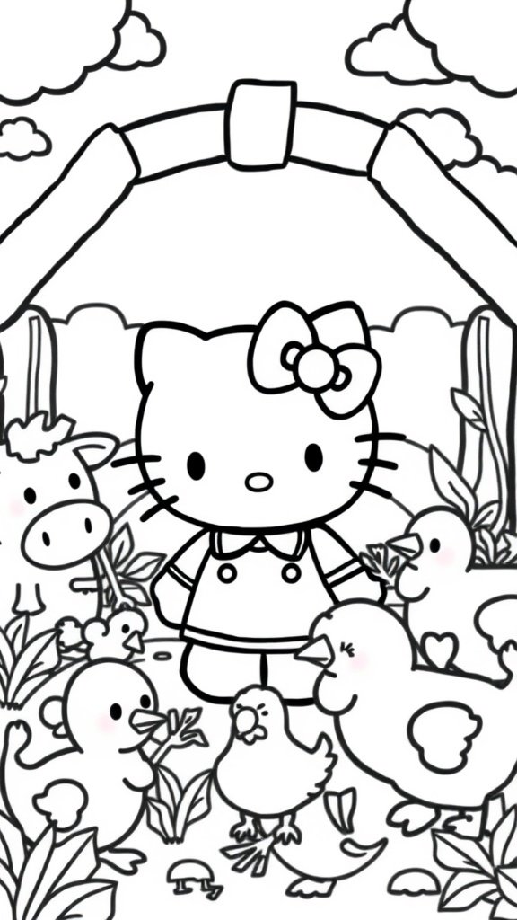 Hello Kitty surrounded by farm animals including a cow, ducks, and birds on a coloring page.