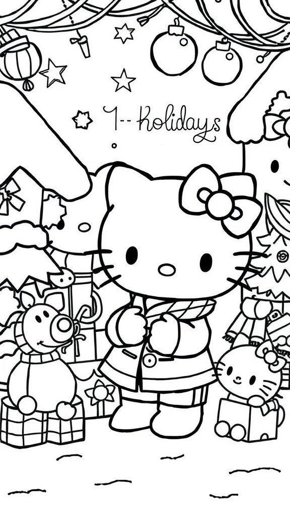 Coloring page featuring Hello Kitty surrounded by holiday decorations and gifts.