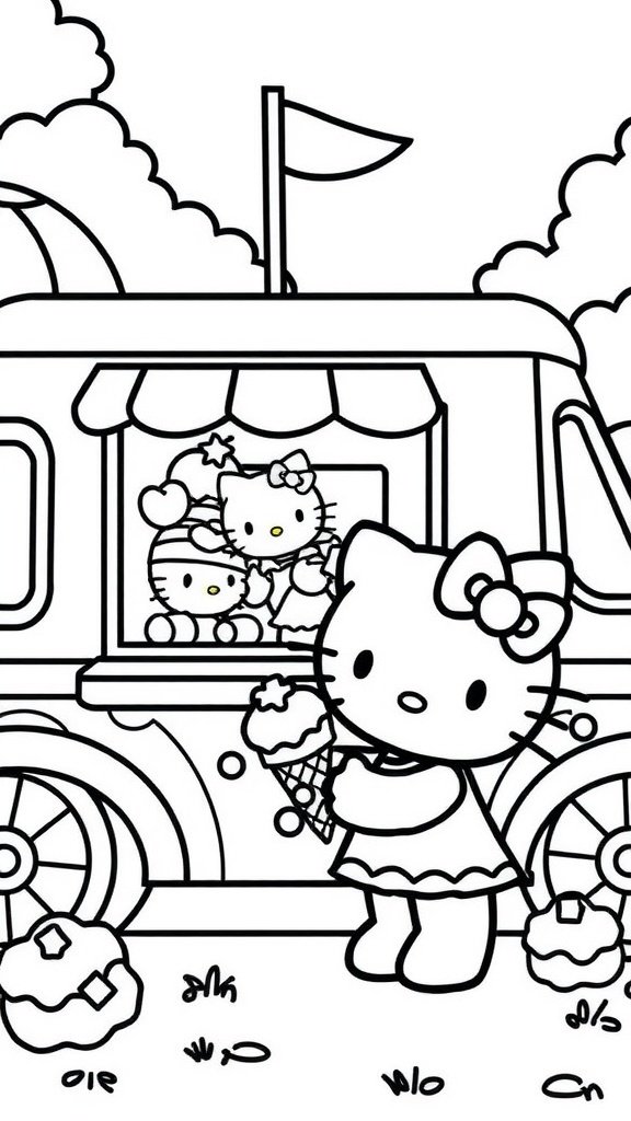 Hello Kitty holding an ice cream cone in front of an ice cream truck