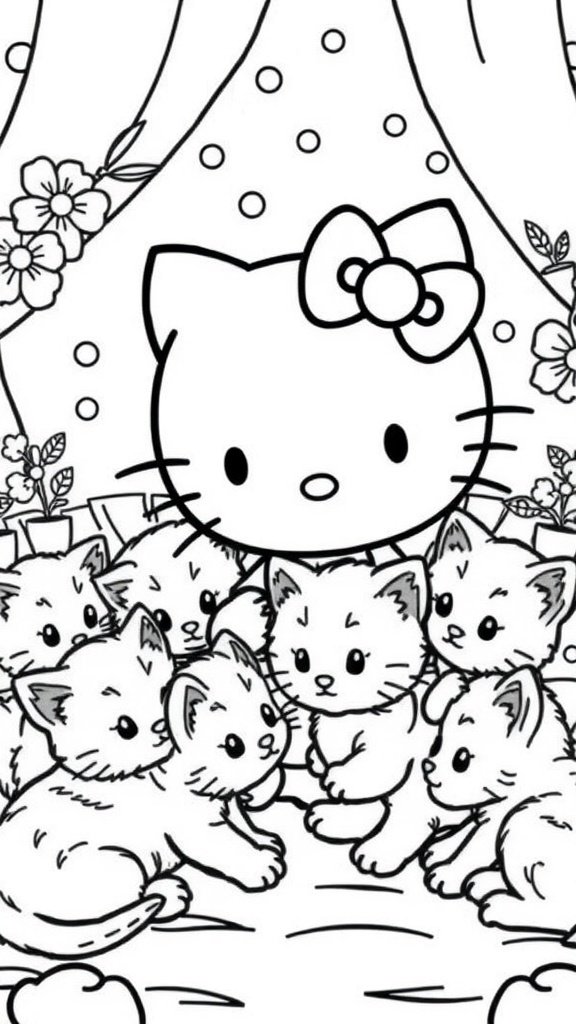 Hello Kitty with several playful kittens in a coloring page design.