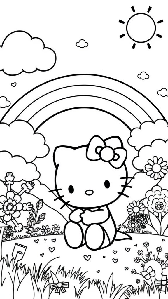 A black and white coloring page featuring Hello Kitty sitting with a rainbow, flowers, and clouds.