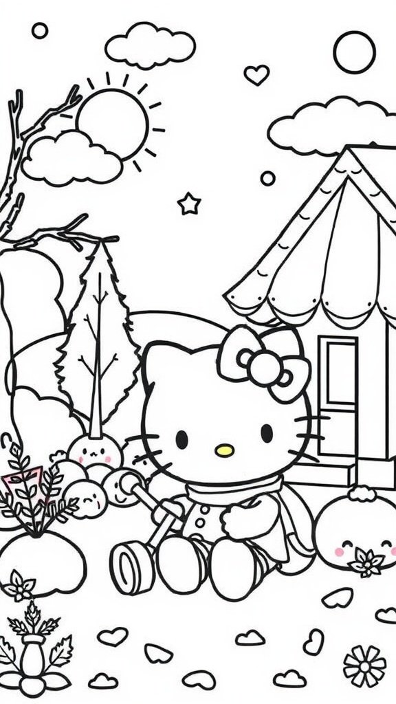 A coloring page featuring Hello Kitty in a sunny setting with a house and plants.