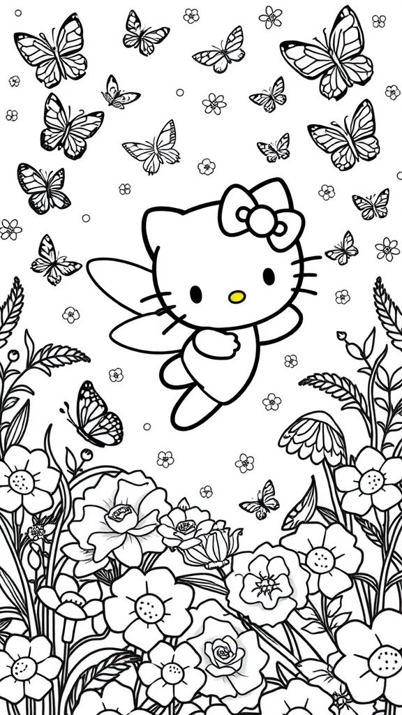 Coloring page of Hello Kitty as a fairy with butterflies and flowers