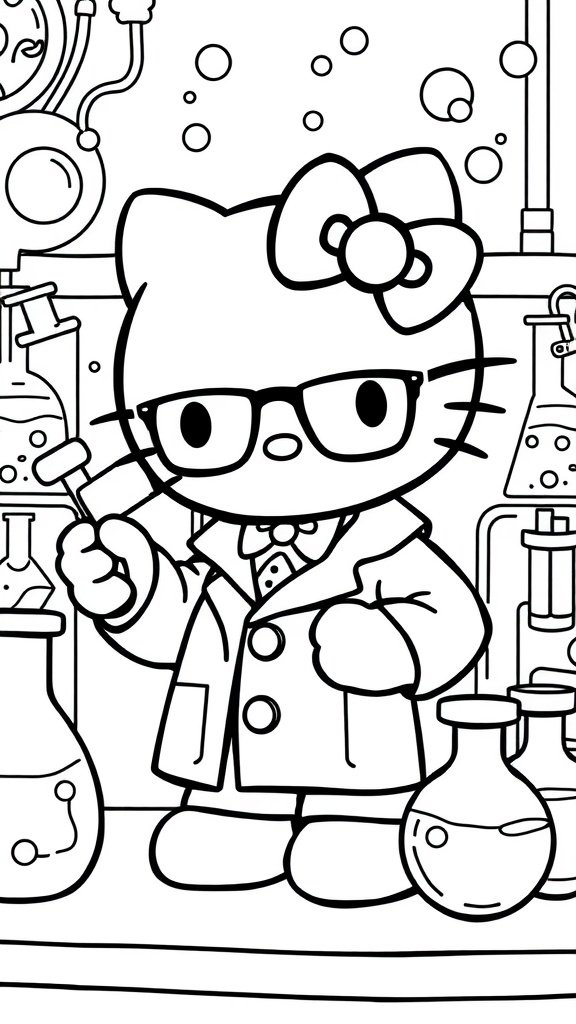 Hello Kitty dressed as a scientist with a lab coat and glasses, surrounded by test tubes and bubbles.