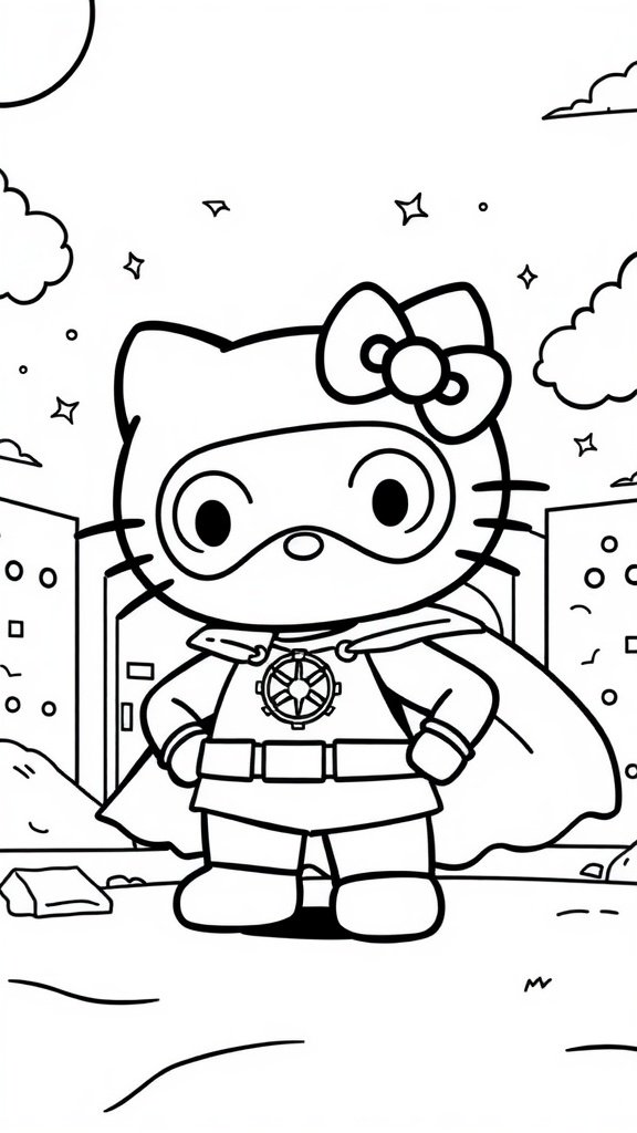 Hello Kitty dressed as a superhero with a mask and cape