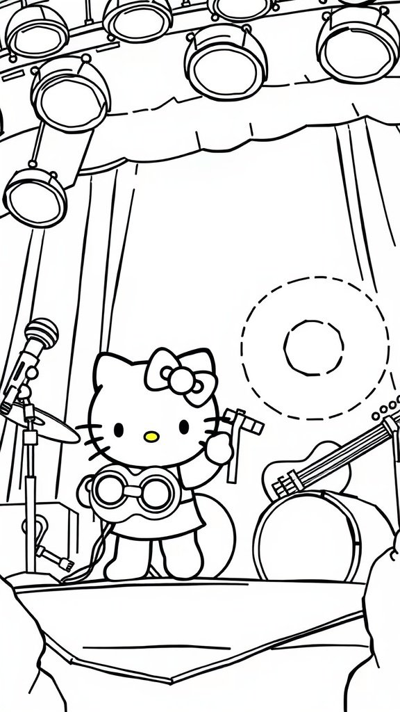 Hello Kitty on stage with a microphone and musical instruments around her.