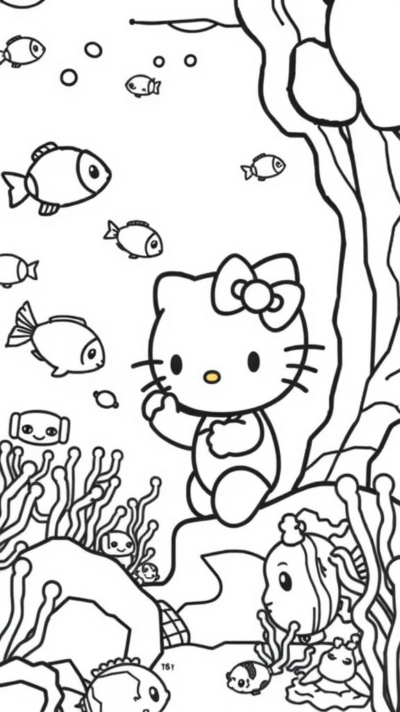 Coloring page of Hello Kitty at the aquarium with fish and corals