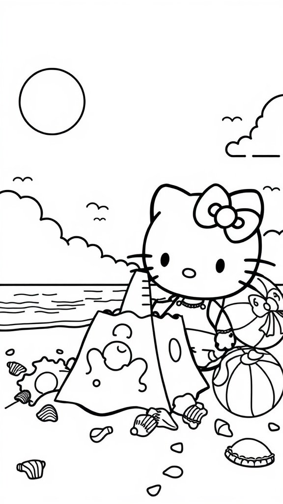 Coloring page of Hello Kitty building a sandcastle at the beach with seashells and a beach ball.