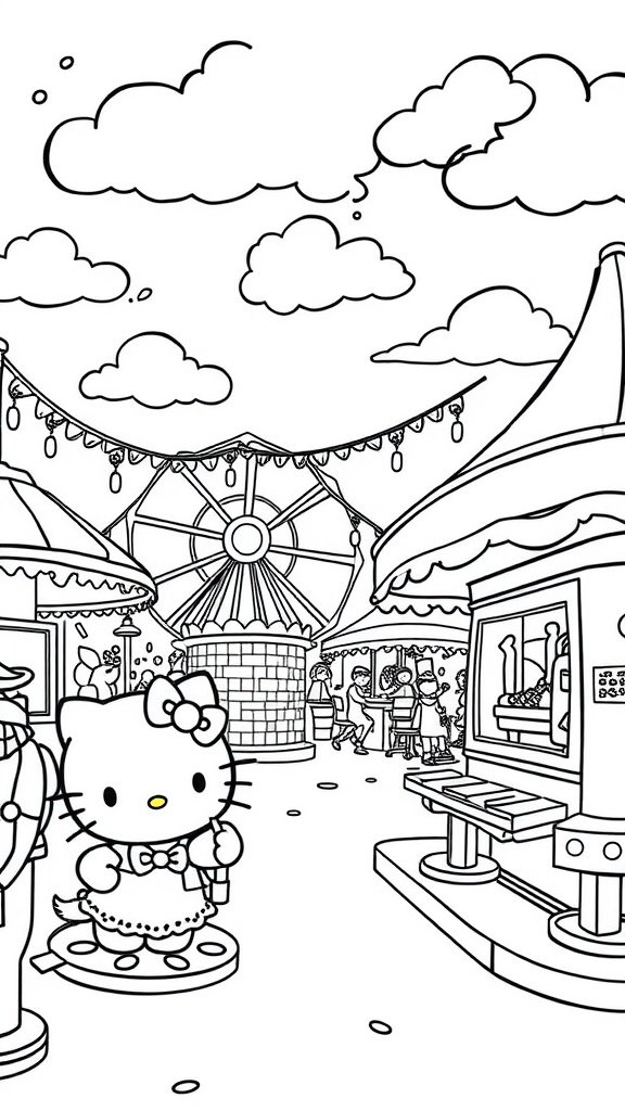 Hello Kitty standing at a fair with rides and games in the background, ready to be colored.