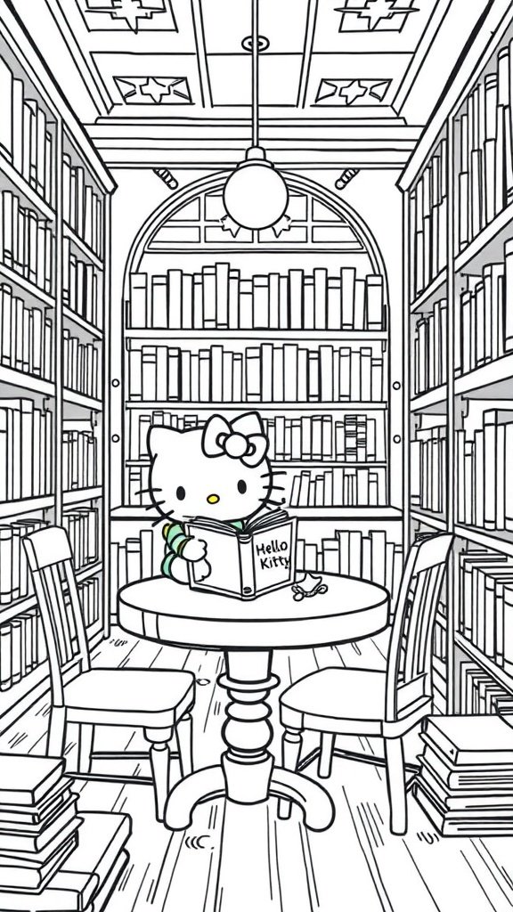 Hello Kitty sitting at a table in a library, reading a book