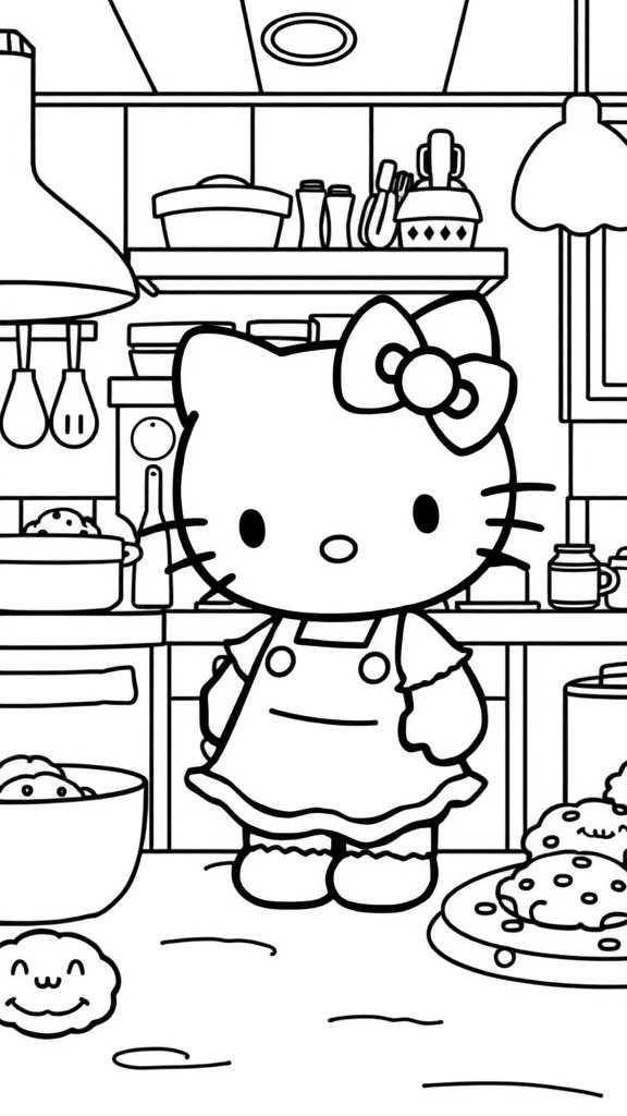 Hello Kitty in a kitchen full of cookies and baking tools