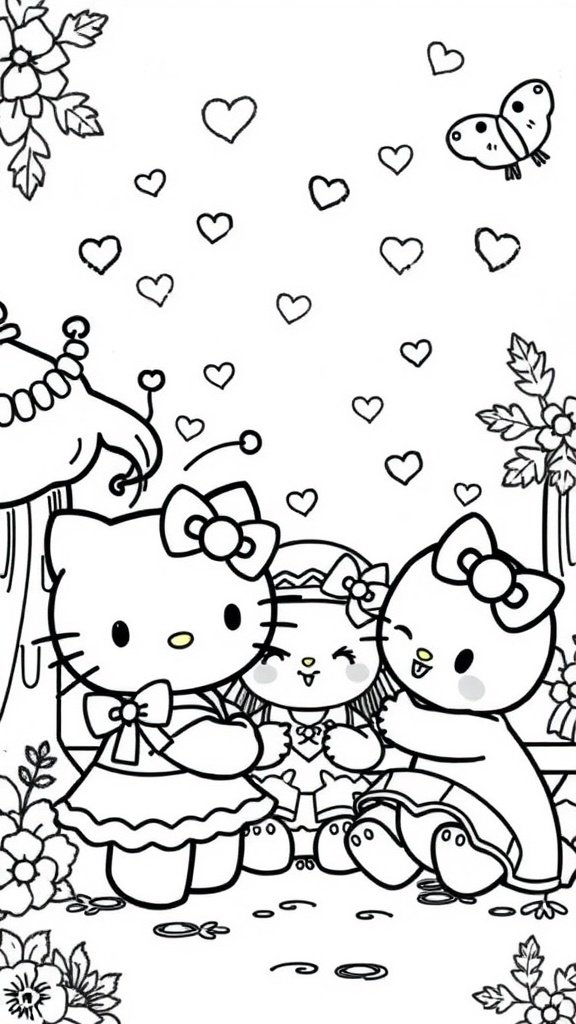 Coloring page featuring Hello Kitty and friends celebrating friendship with hearts and flowers.