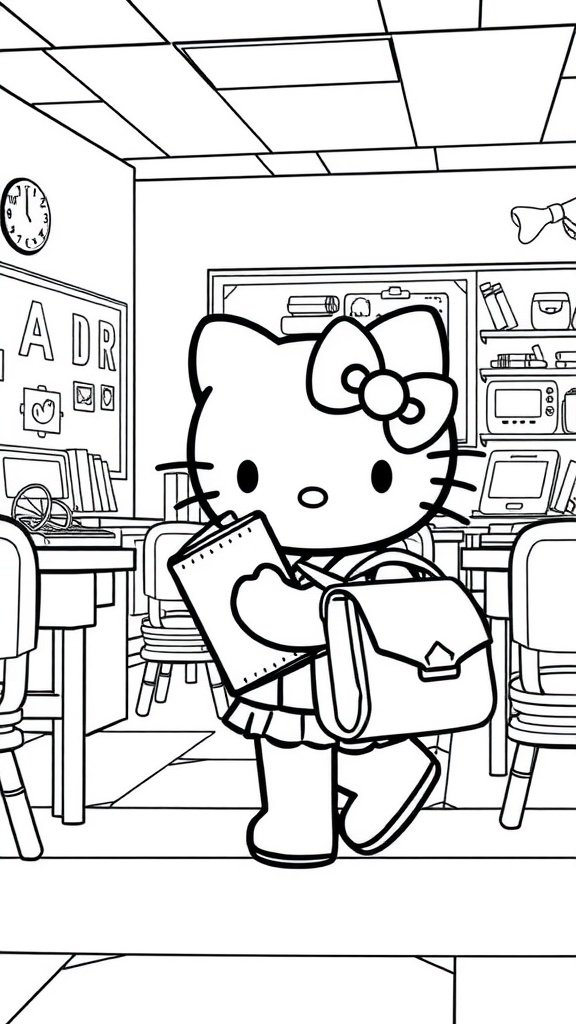 Hello Kitty walking with a backpack and notebook in a classroom setting