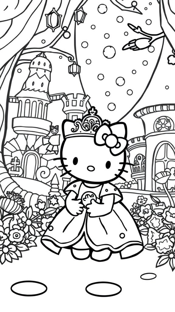 Hello Kitty dressed as a princess in a fairy tale setting with flowers and a castle.