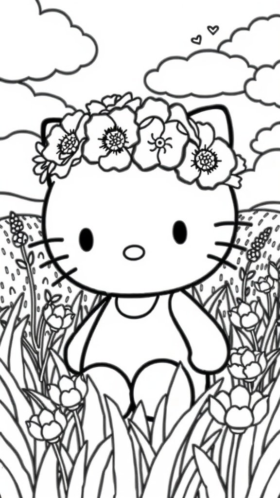 Hello Kitty sitting in a field with a flower crown