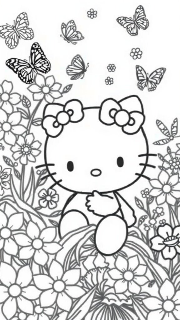 Coloring page of Hello Kitty in a flower garden with butterflies