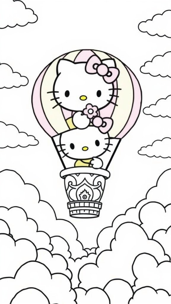 Hello Kitty in a hot air balloon surrounded by clouds