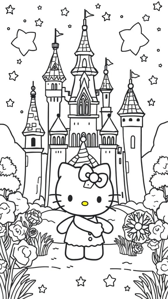 Hello Kitty in front of a magical castle surrounded by flowers and stars, ready for coloring.