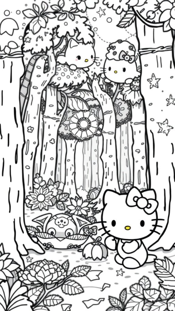 Hello Kitty and friends in a magical forest coloring page