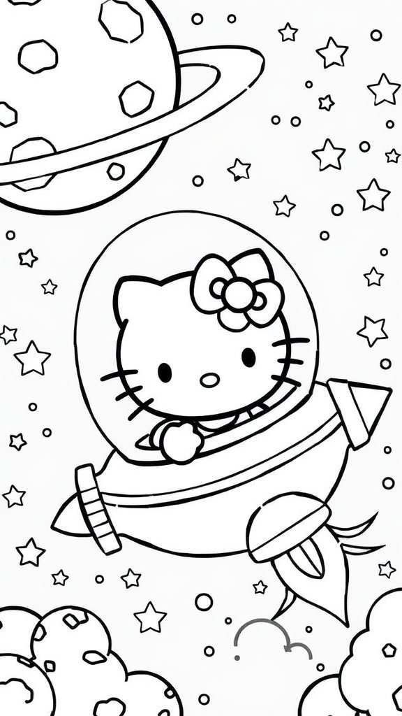 Hello Kitty in a rocket ship surrounded by stars and planets